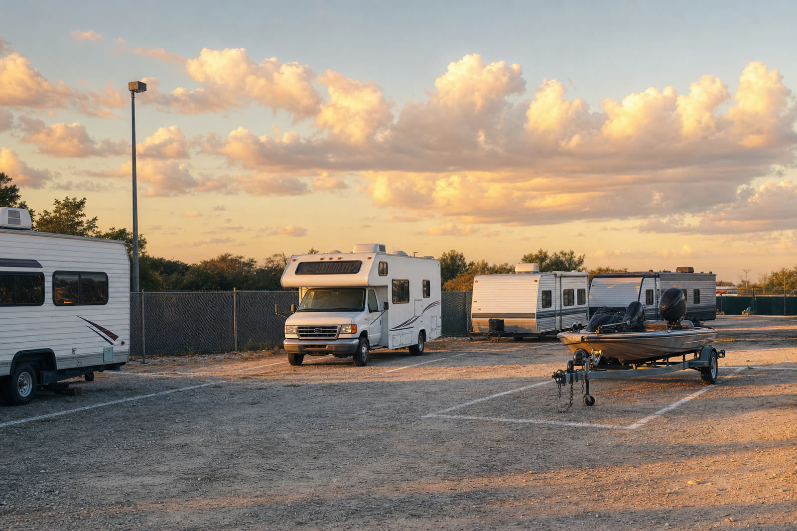 RVs and a boat parked in an outdoor storage lot beneath a golden sky
